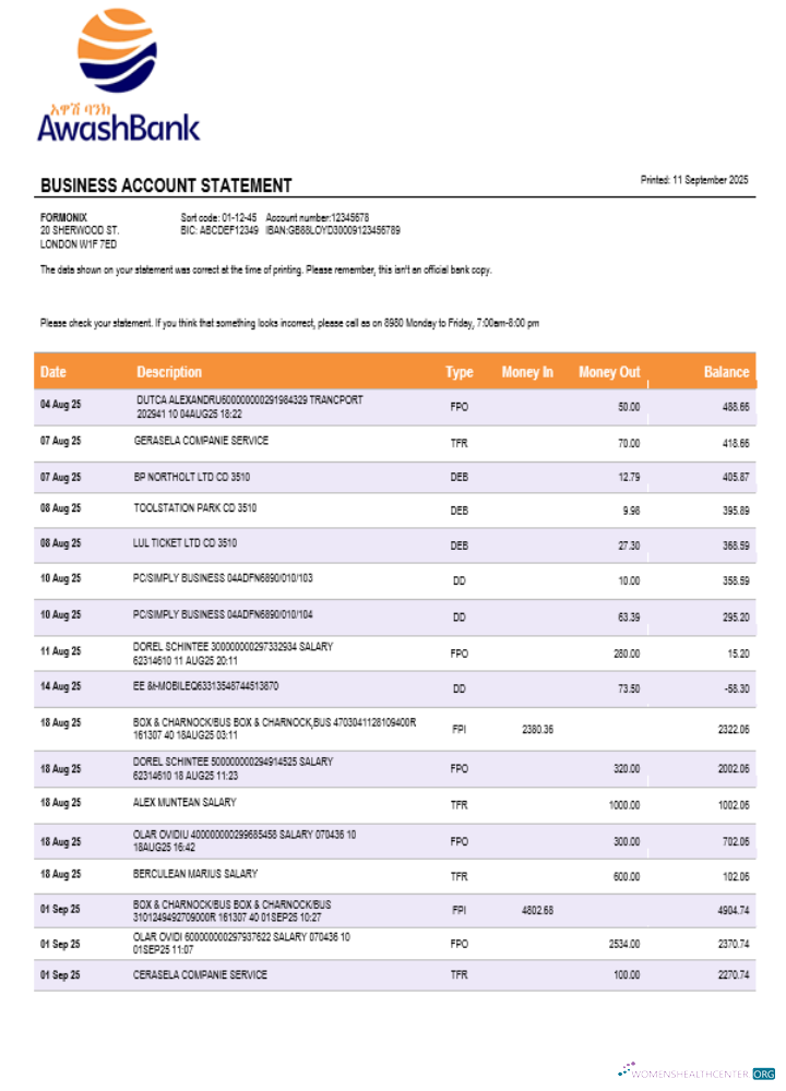 Download Awash Bank firm account statement Word and PDF template Photoshop template